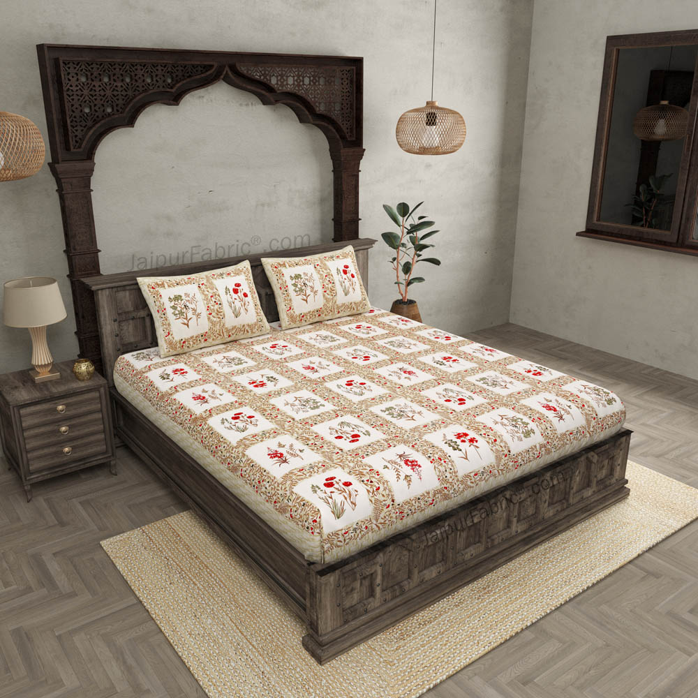 Floral Frame Brown Cotton Double Bedsheet