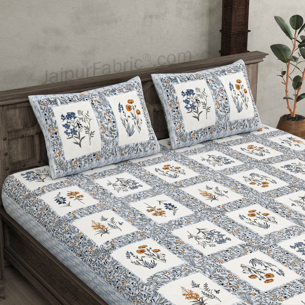 Floral Frame Grey Cotton Double Bedsheet