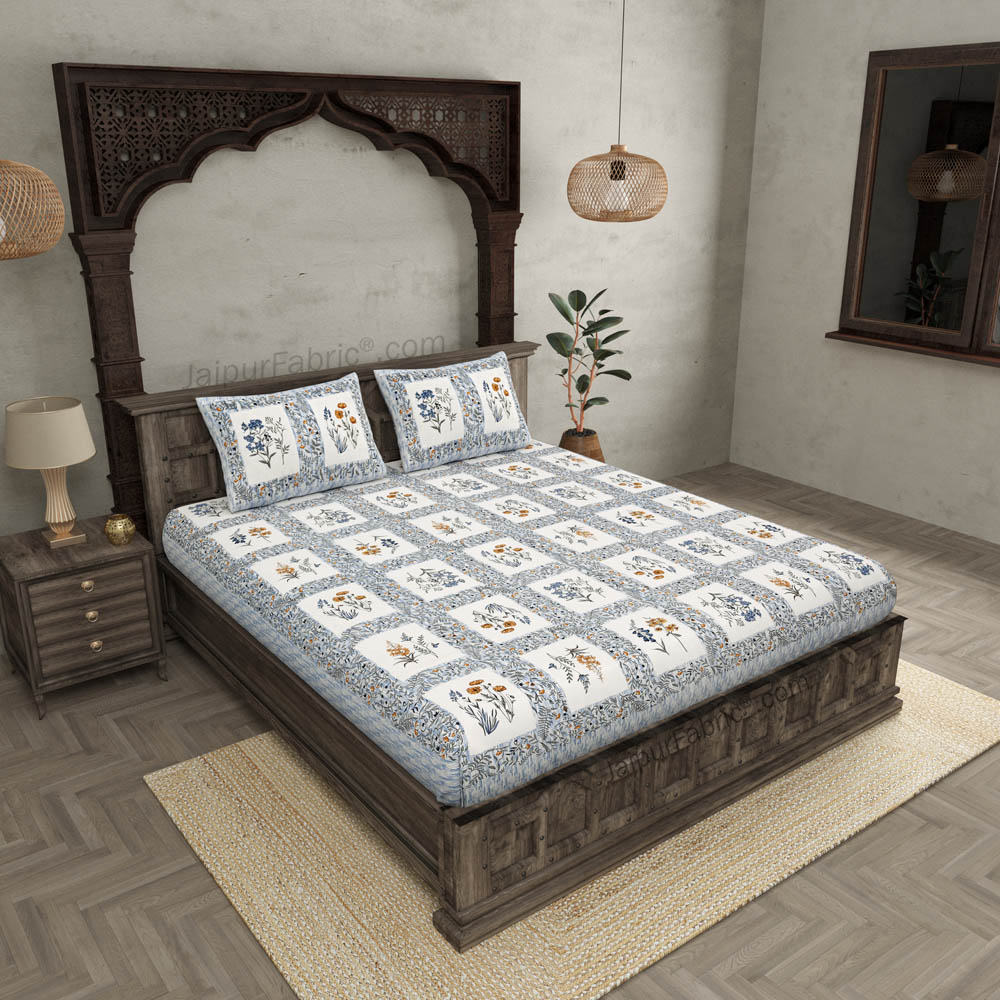 Floral Frame Grey Cotton Double Bedsheet