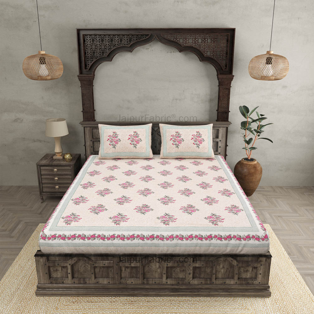 Bouquet Beveled Pink Cotton Double Bedsheet