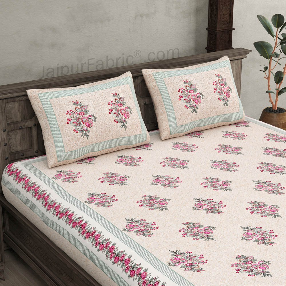 Bouquet Beveled Pink Cotton Double Bedsheet