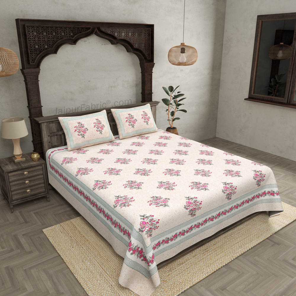 Bouquet Beveled Pink Cotton Double Bedsheet