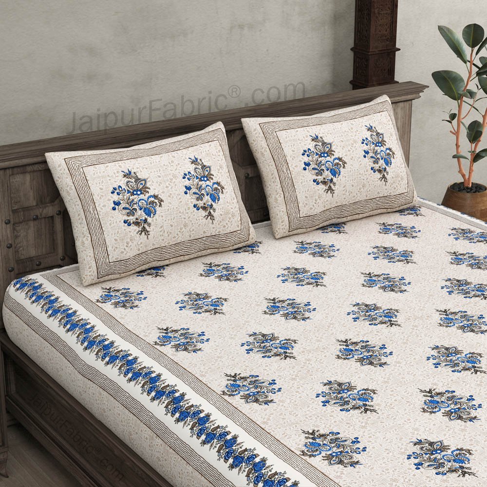 Bouquet Beveled Blue Cotton Double Bedsheet