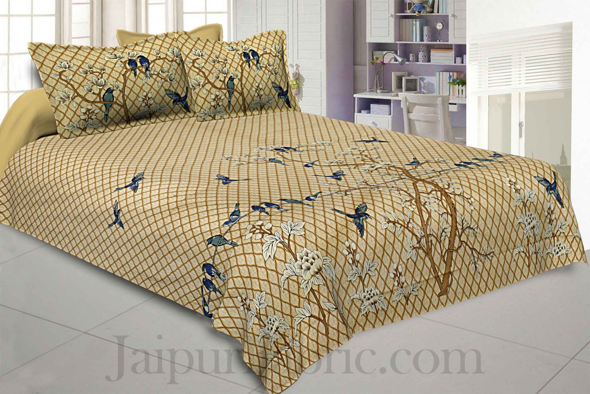 Golden Sparrow Cotton King Size Bedsheet