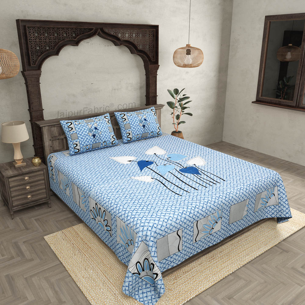 Helping Hands Art Blue Checks Cotton King Size Bedsheet