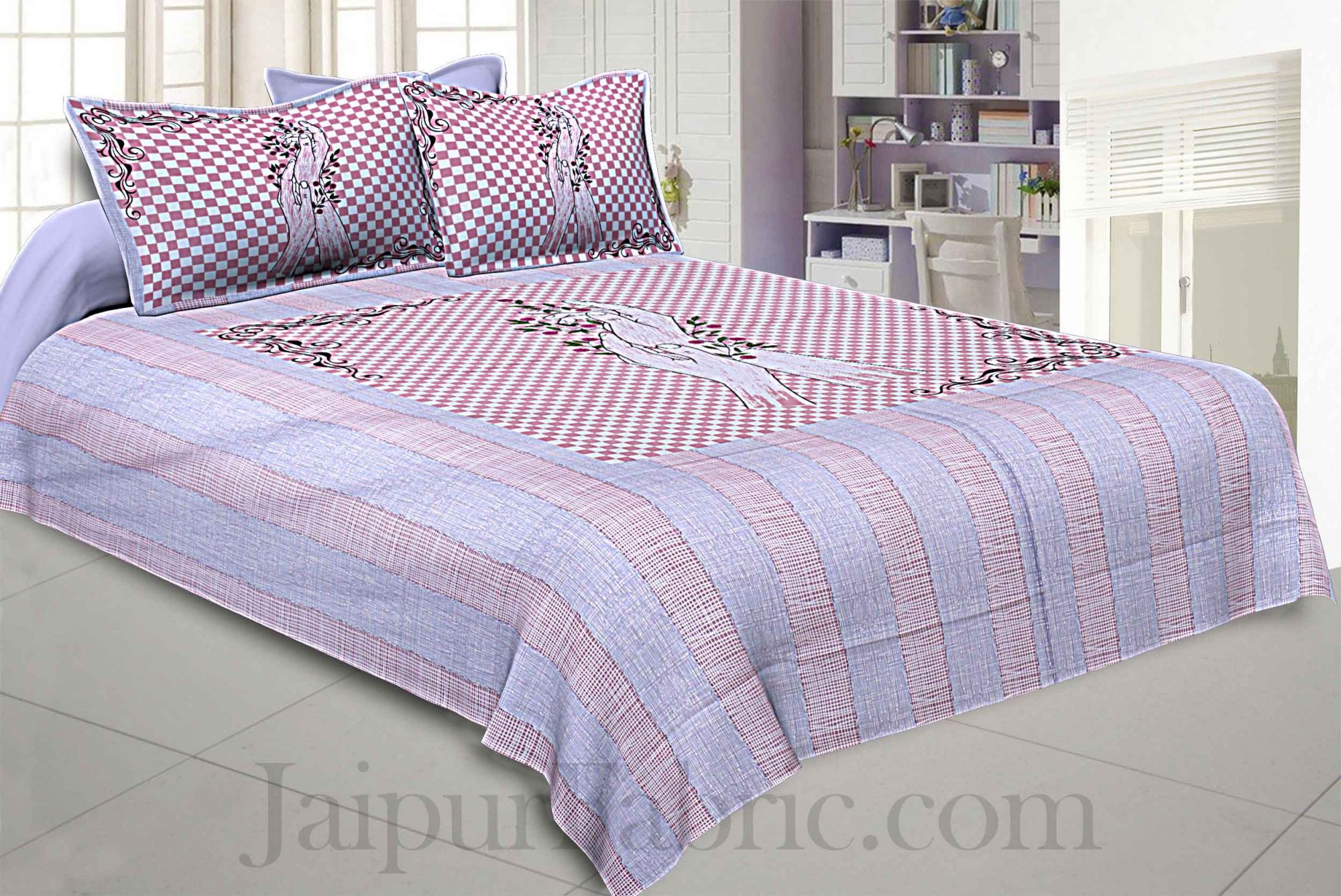 Helping Hands Art Pink Checks Cotton King Size Bedsheet