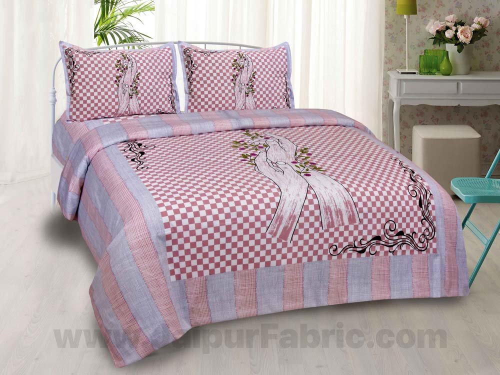 Helping Hands Art Pink Checks Cotton King Size Bedsheet