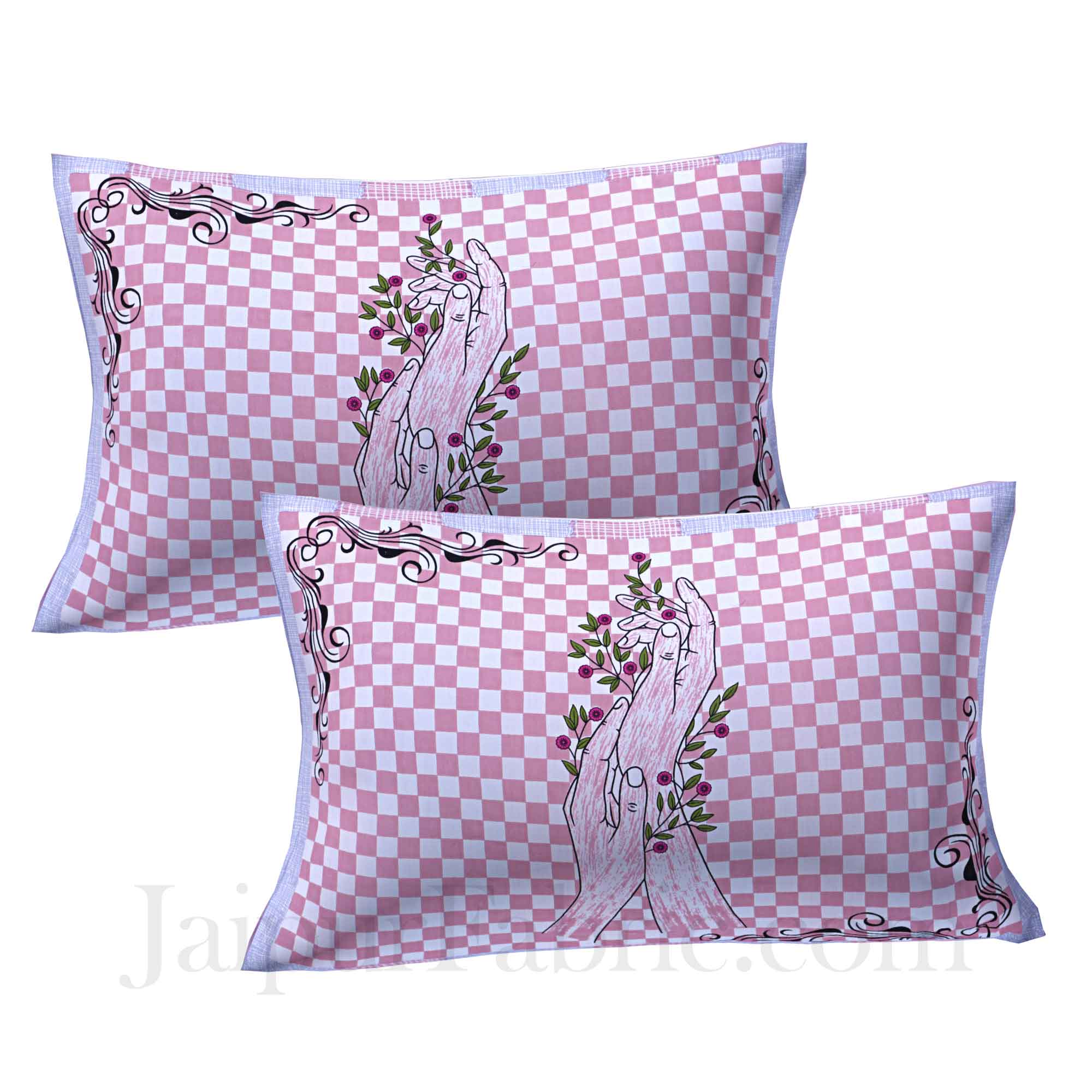 Helping Hands Art Pink Checks Cotton King Size Bedsheet