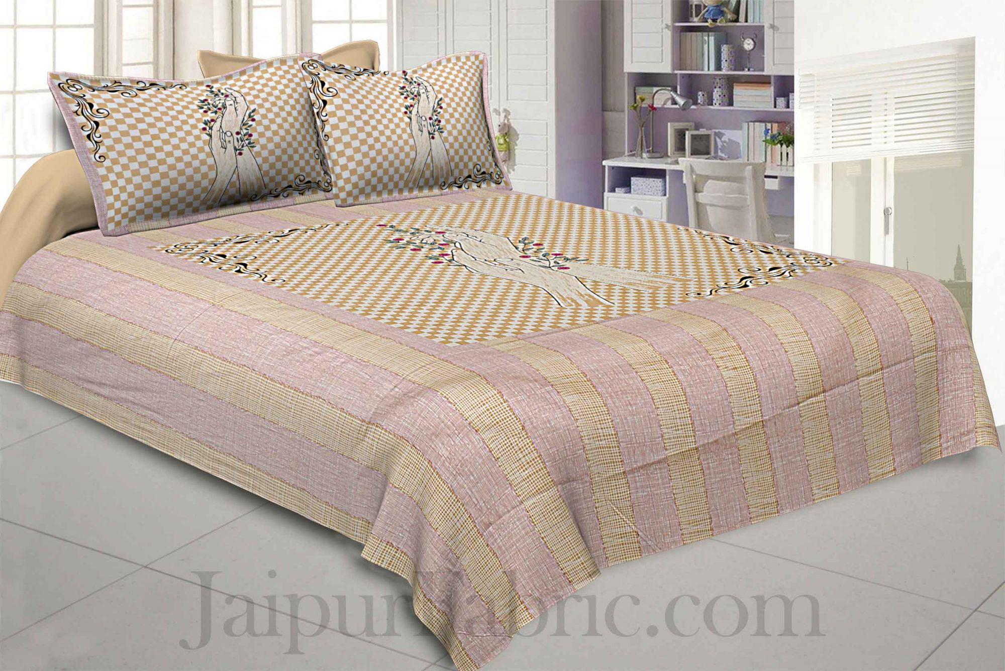 Helping Hands Art Yellow Checks Cotton King Size Bedsheet