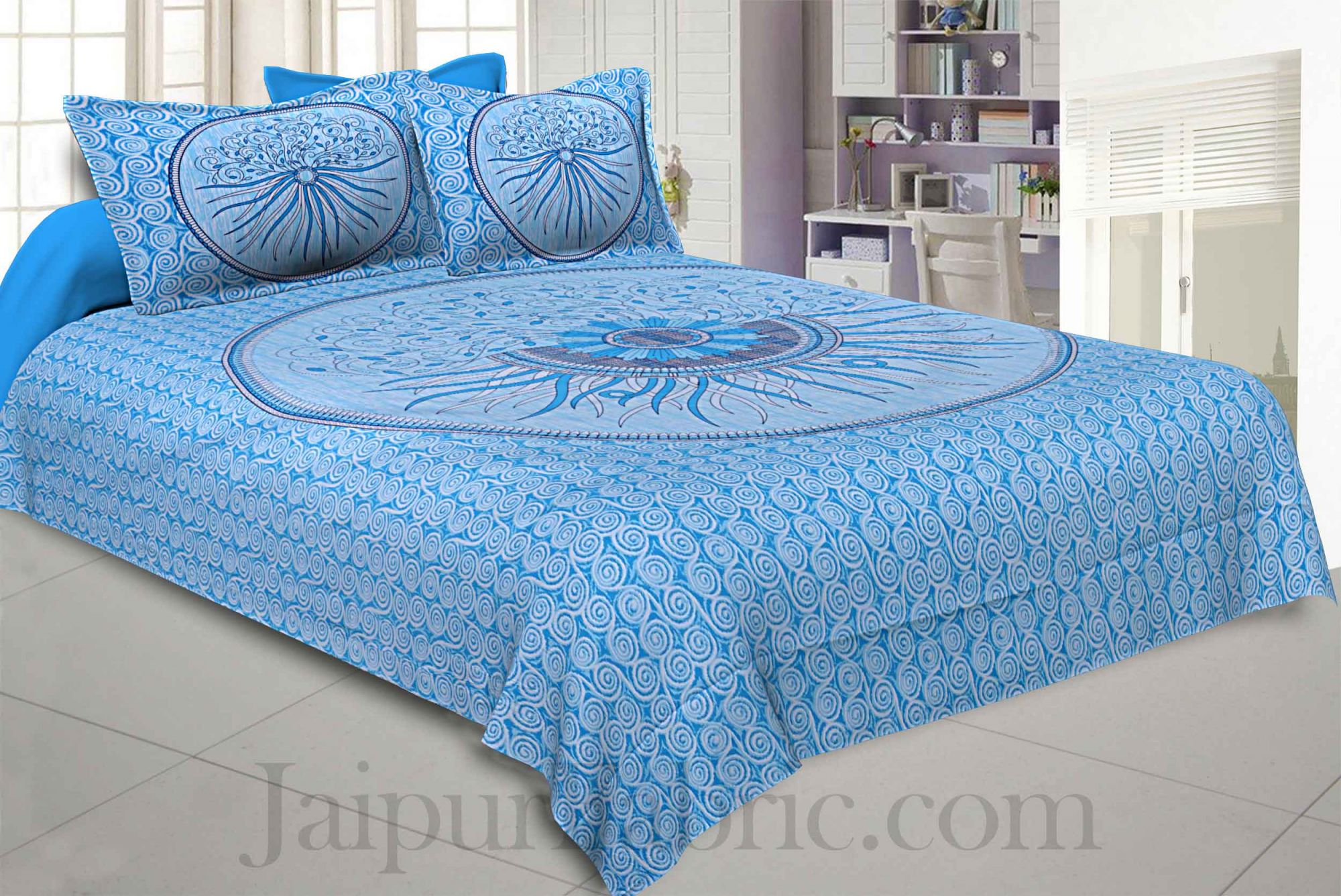 Sun Shine Blue Cotton King Size Bedsheet