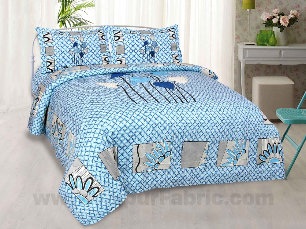 Lotus Leaves Blue Pearl Cotton King Size Bedsheet