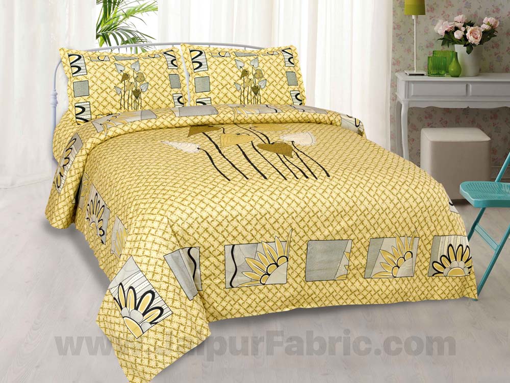 Lotus Leaves Yellow Pearl Cotton King Size Bedsheet