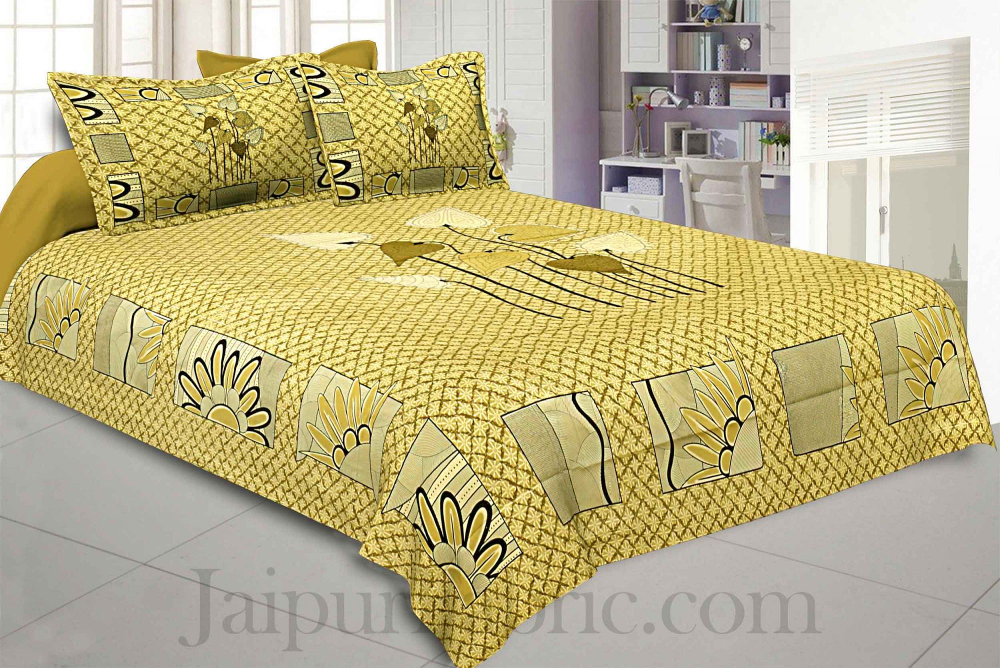 Lotus Leaves Yellow Pearl Cotton King Size Bedsheet