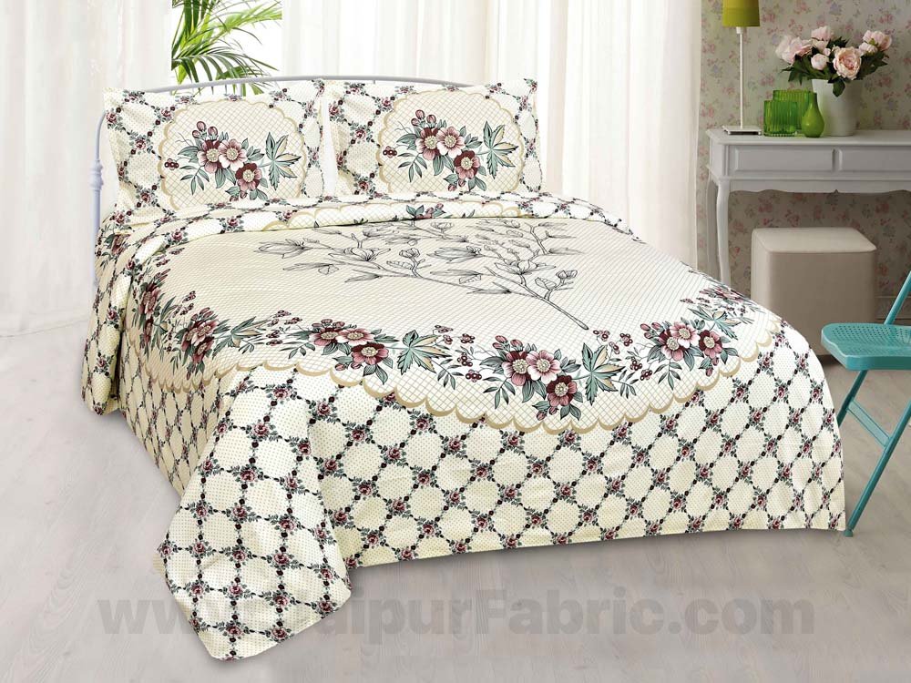 Creamish Floral Cotton King Size Bedsheet