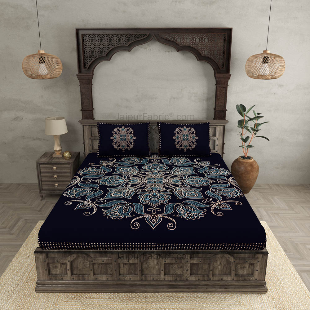 Royal Goldi Navy Blue King Size Bed Sheet