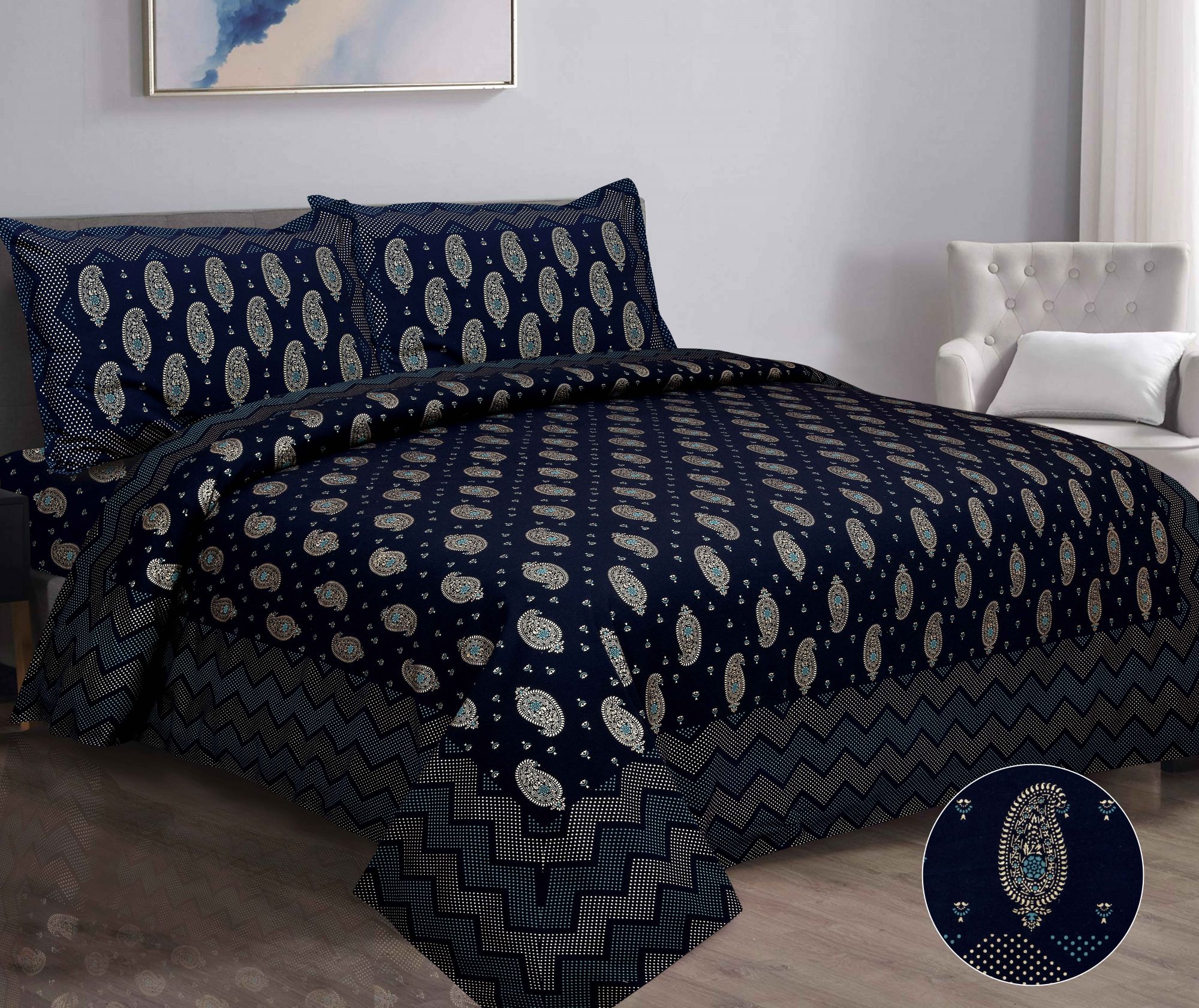 Traditional Goldi Nay Blue King Size BedSheet