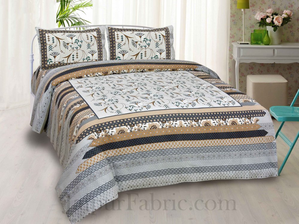 Grey Floral Ethnic Cotton Jaipur Double Bedsheet