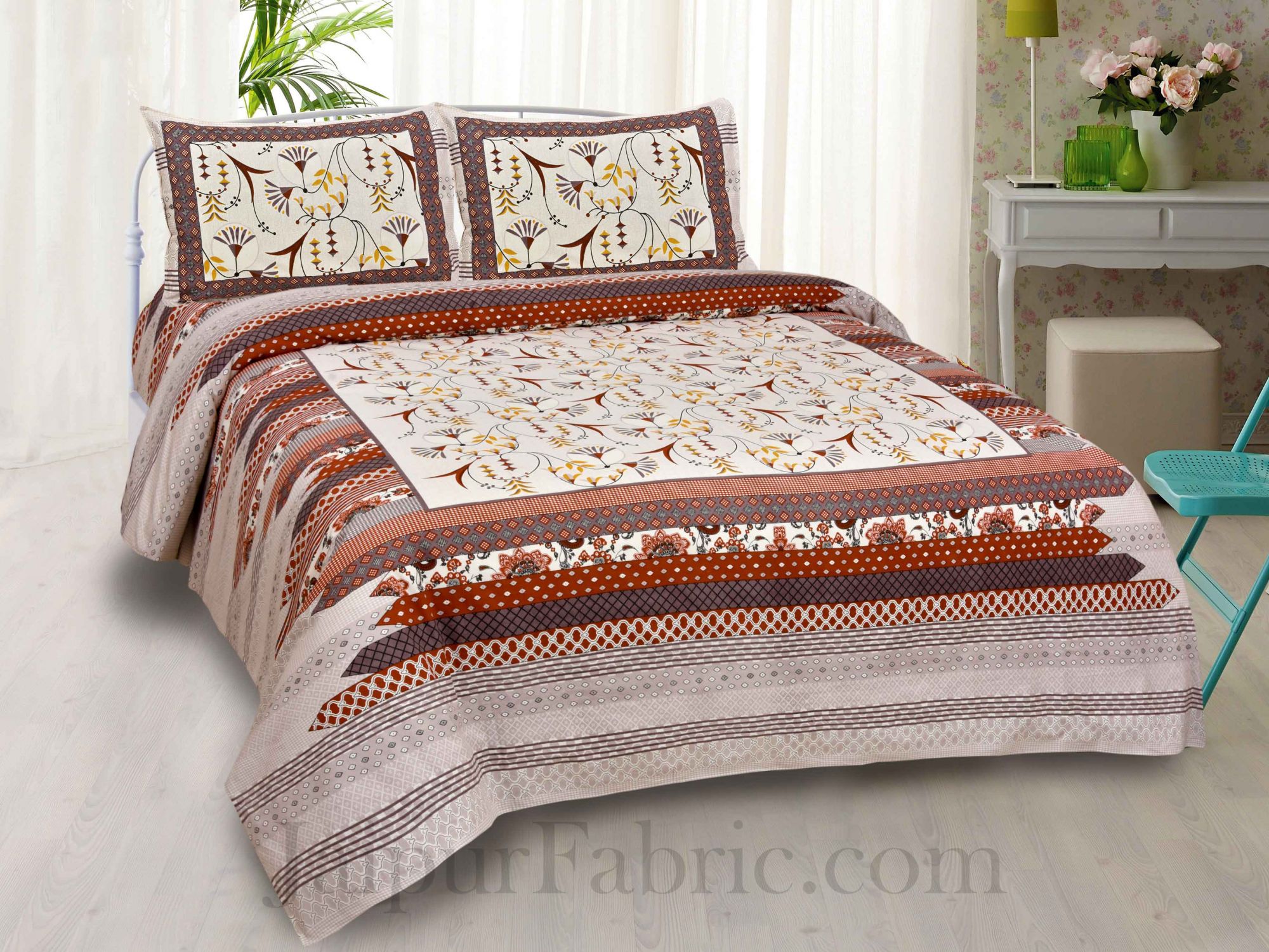 Maroon Floral Ethnic Cotton Jaipur Double Bedsheet