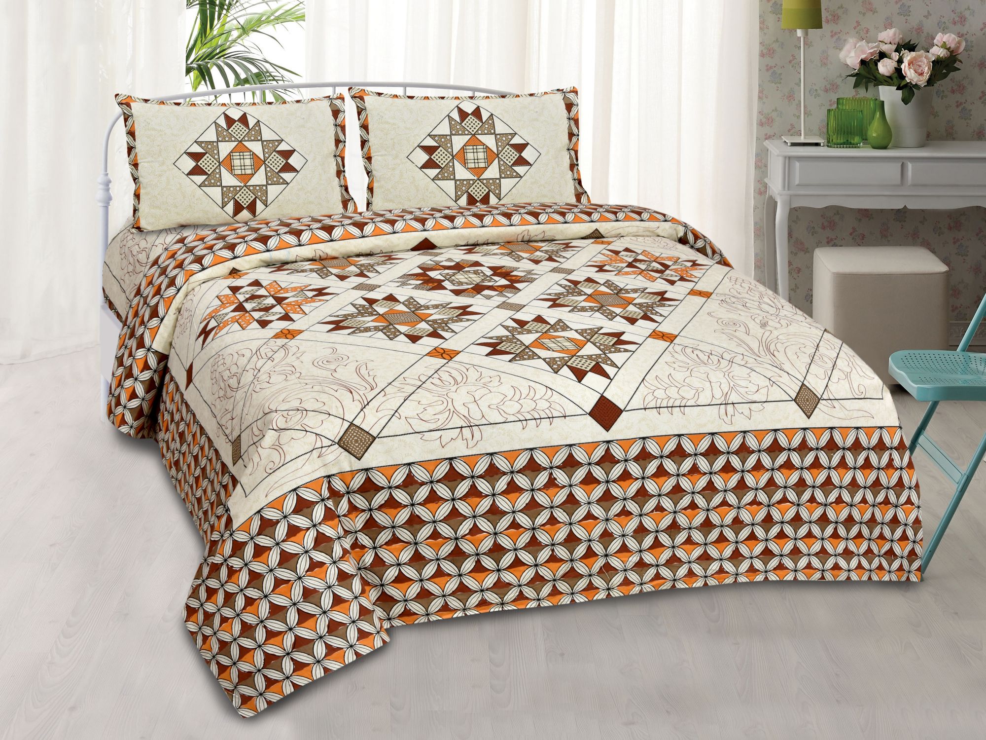 Cream Small geometric Cotton Jaipur Double Bedsheet