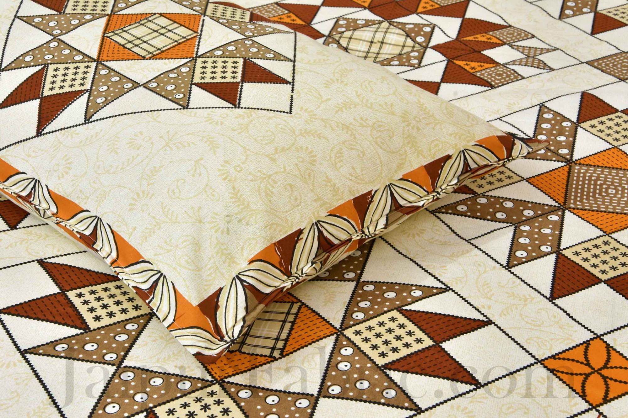 Cream Small geometric Cotton Jaipur Double Bedsheet