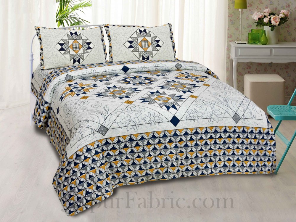 Grey Small Ethnic geometric Cotton Jaipur Double Bedsheet