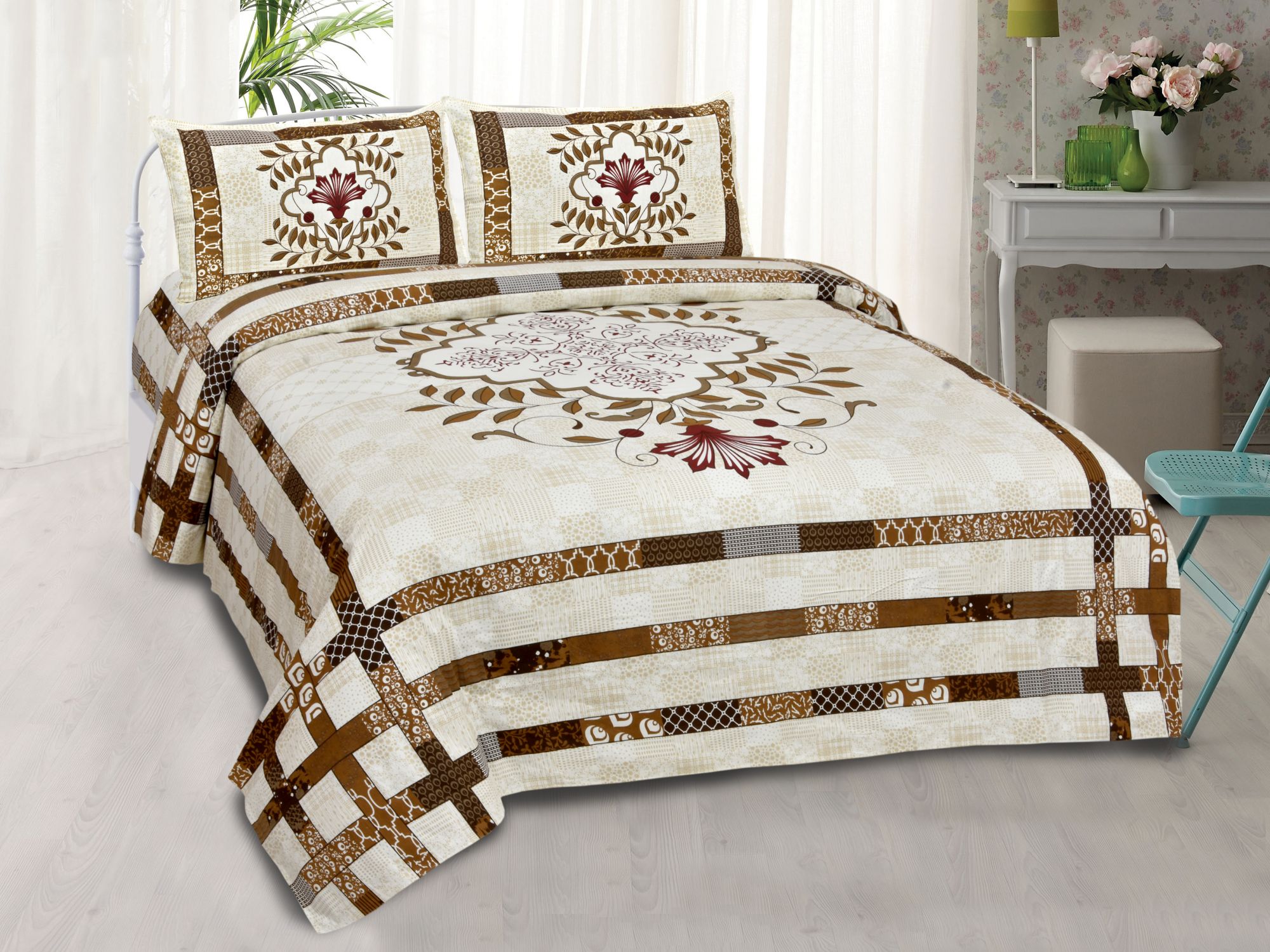 Brown Floral Print Cotton Jaipur Double Bed Sheet