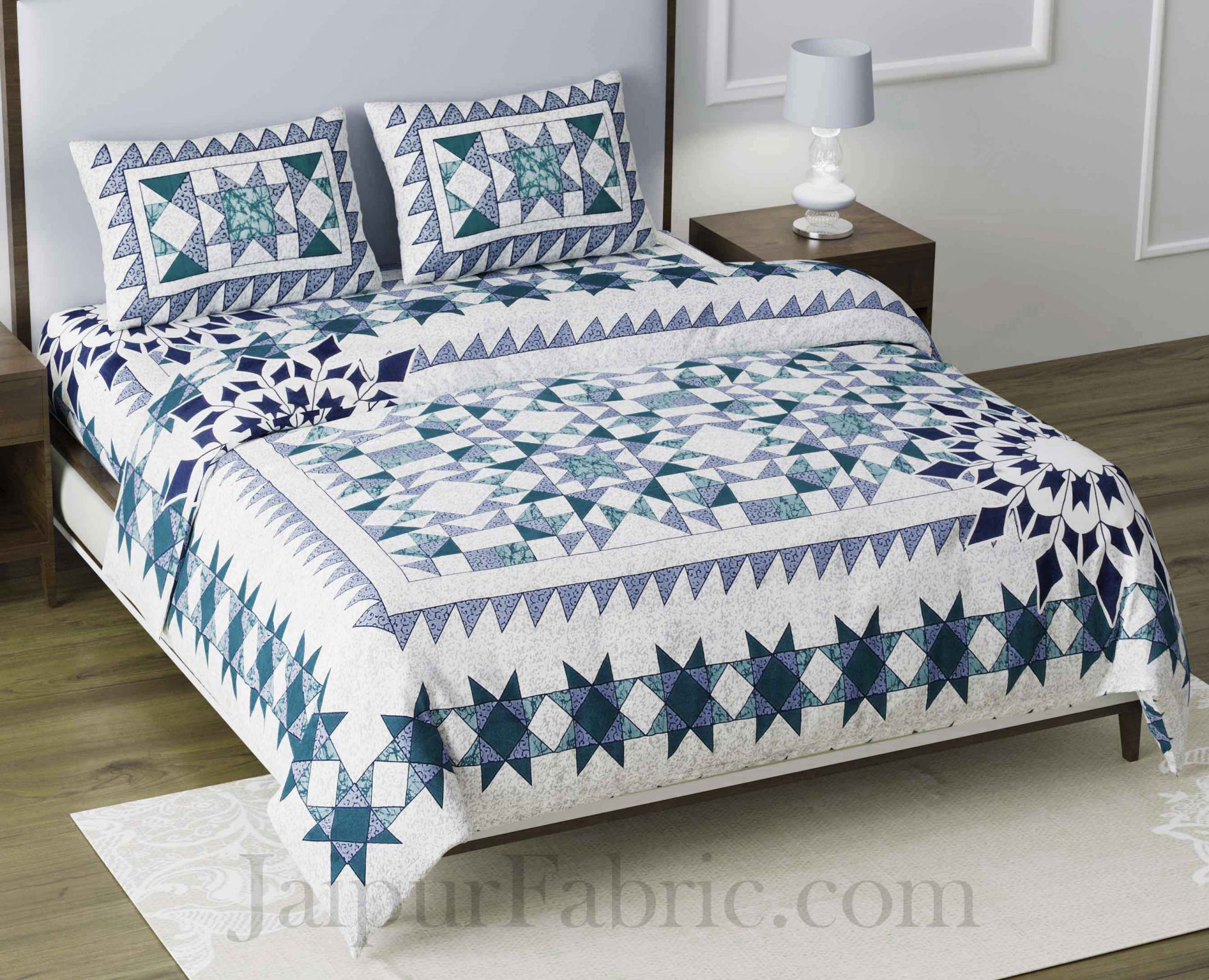 Sea-green Modern Geometric Cotton Jaipur Double Bedsheet