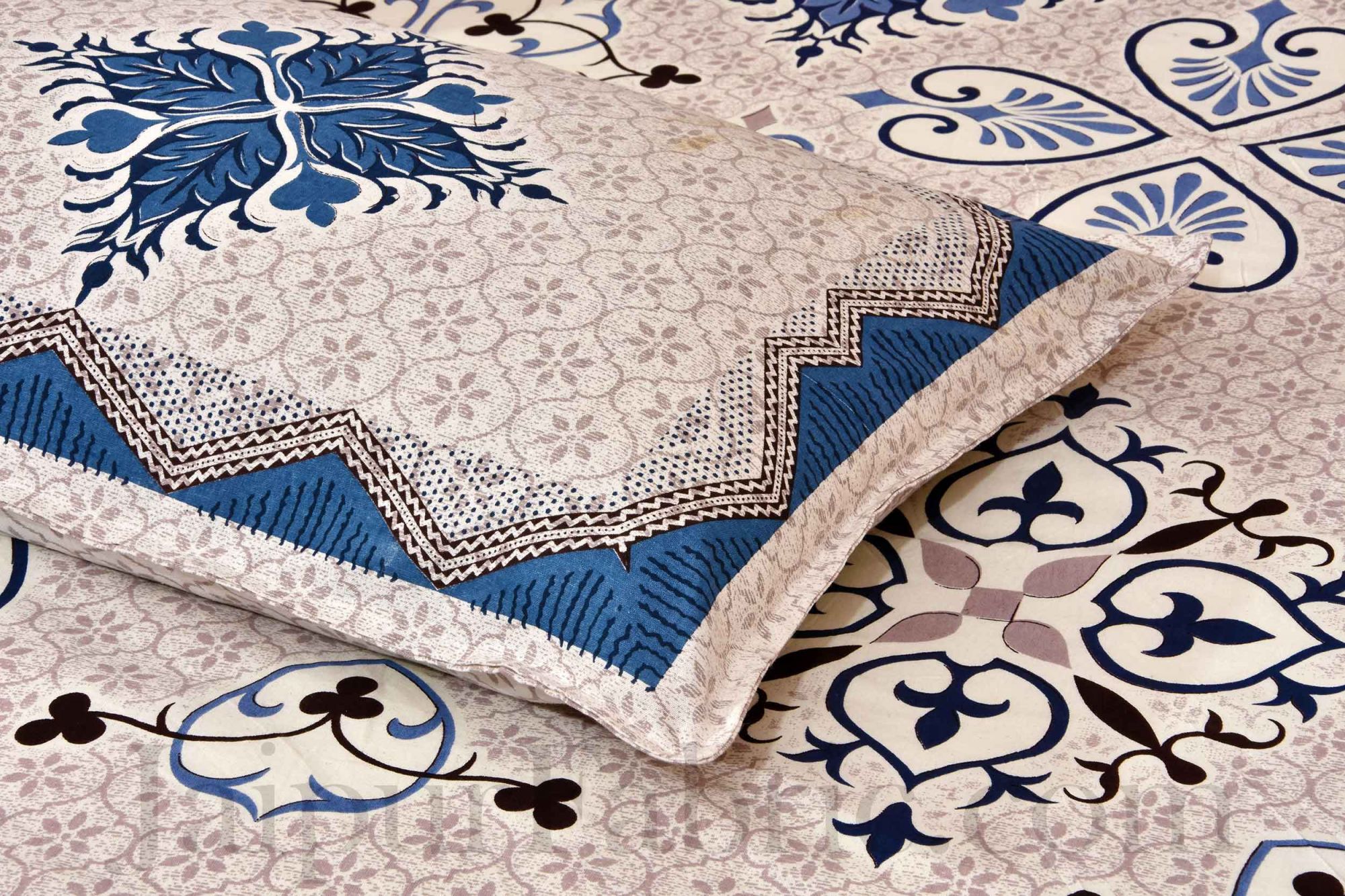 Blue & Grey Ornate Cotton Jaipur Double Bedsheet