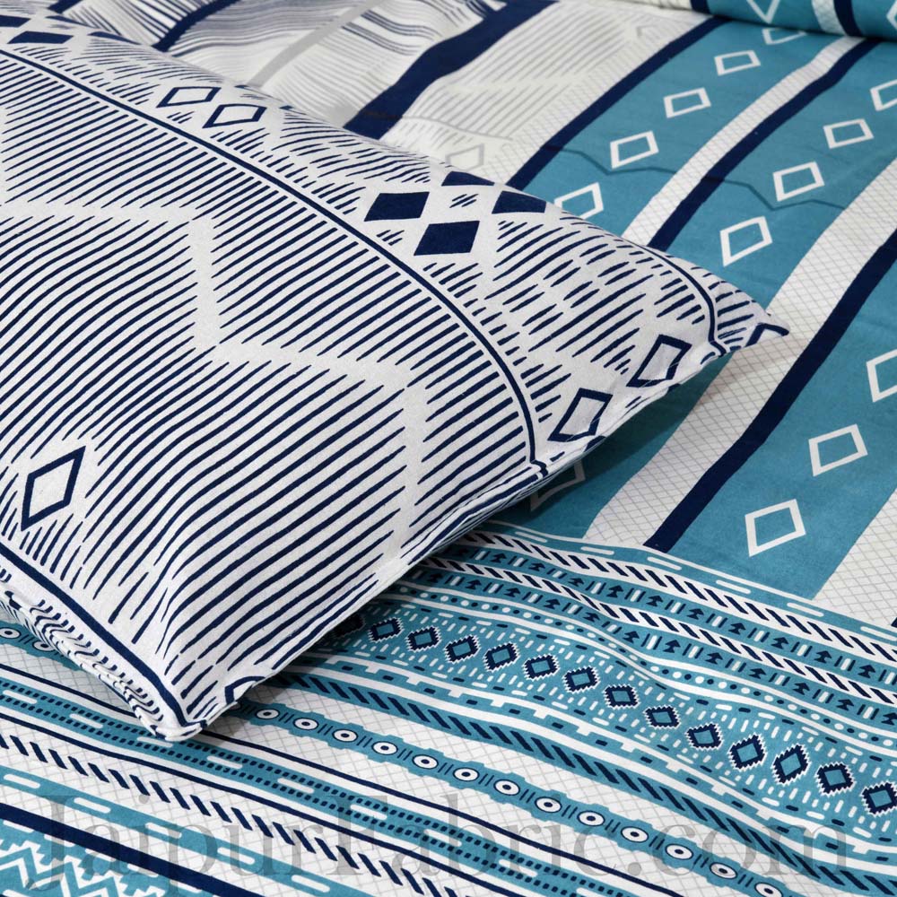 Jaipur Fabric Multi Design White & Blue Small Checkered Border Cotton Double Bedsheet