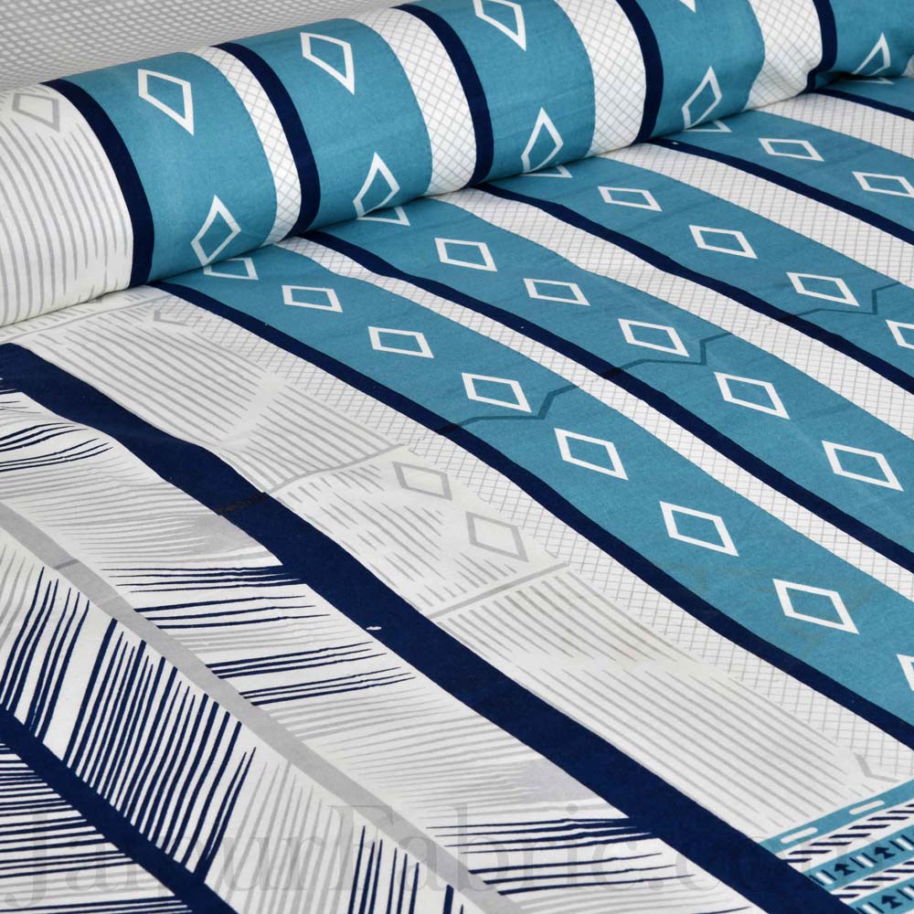 Jaipur Fabric Multi Design White & Blue Small Checkered Border Cotton Double Bedsheet