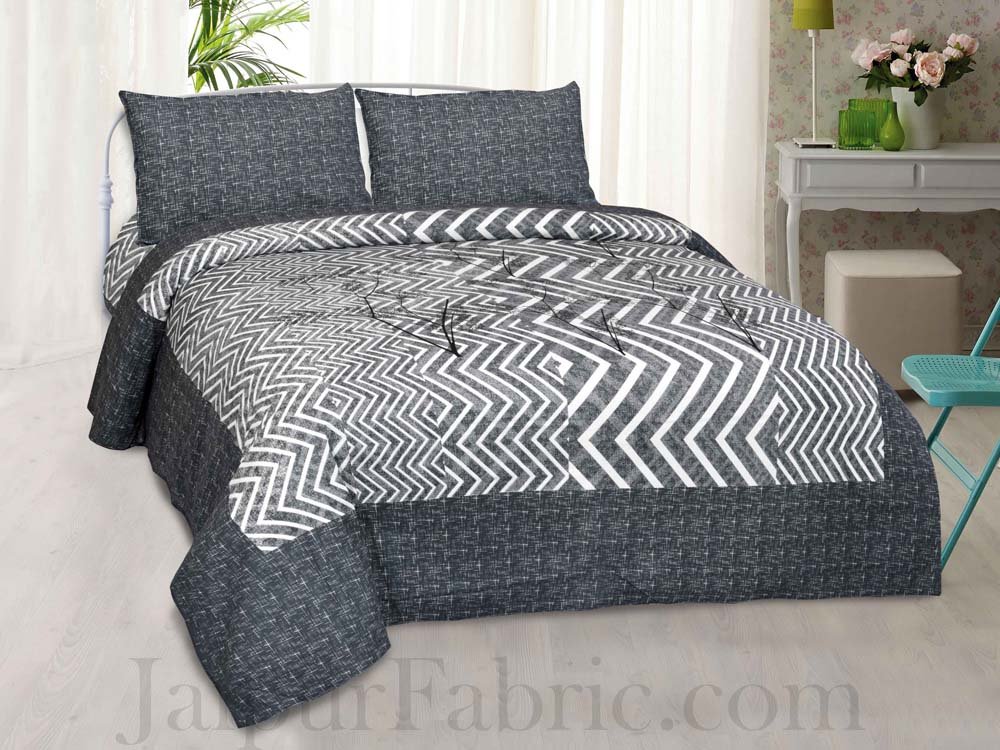 Jaipur Fabric Dark Grey ZigZag Cotton Double Bedsheet