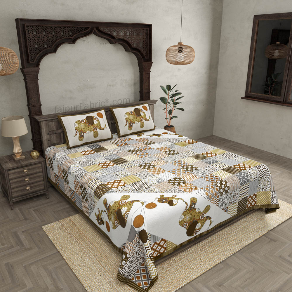 Modern Art Olive Brown Pure Cotton Patchwork Print King Size Bed Sheet