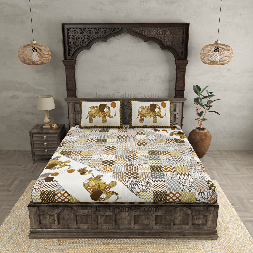 Modern Art Olive Brown Pure Cotton Patchwork Print King Size Bed Sheet