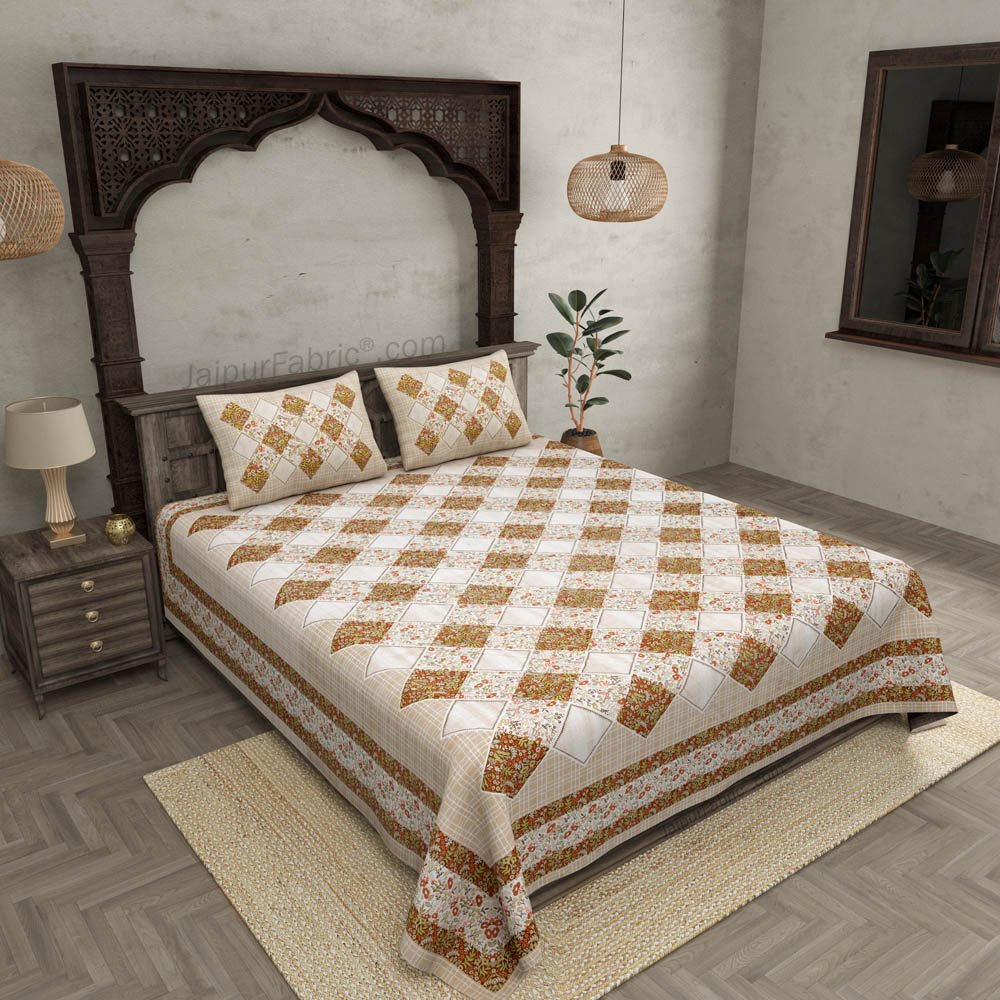 Diamond Art Brown Pure Cotton Patchwork Print King Size Bedsheet