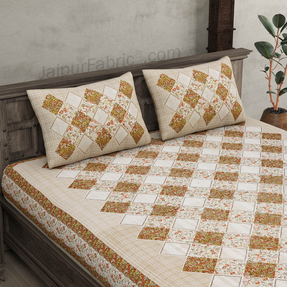 Diamond Art Brown Pure Cotton Patchwork Print King Size Bedsheet