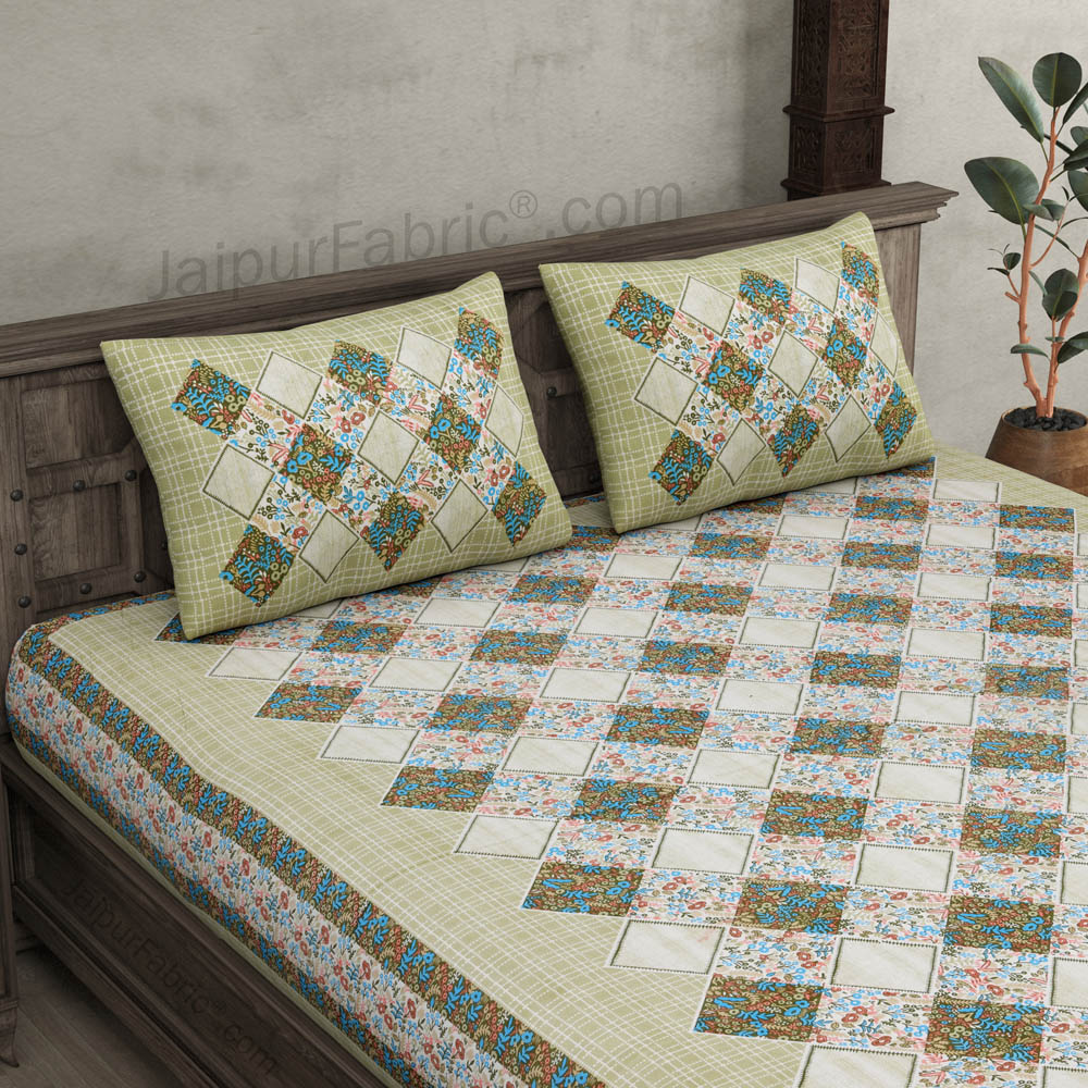 Diamond Art Mustard Pure Cotton Patchwork Print King Size Bedsheet