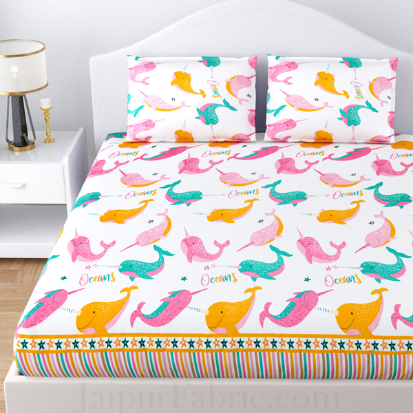 Colurful Dolphin White Poly Cotton Double Bedsheet