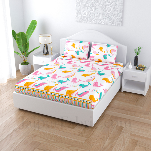 Colurful Dolphin White Poly Cotton Double Bedsheet