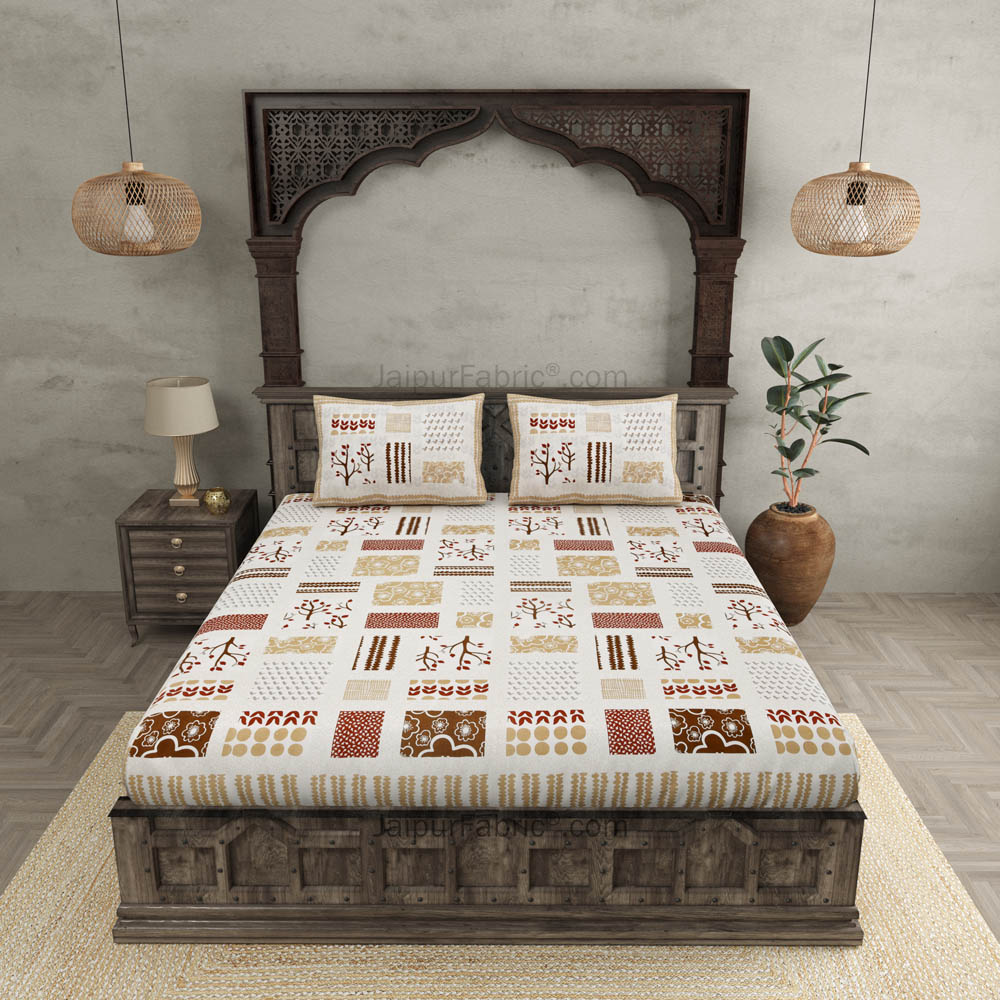 Designer Art Gold Multi Patch Print Premium Cotton King Size Bedsheet