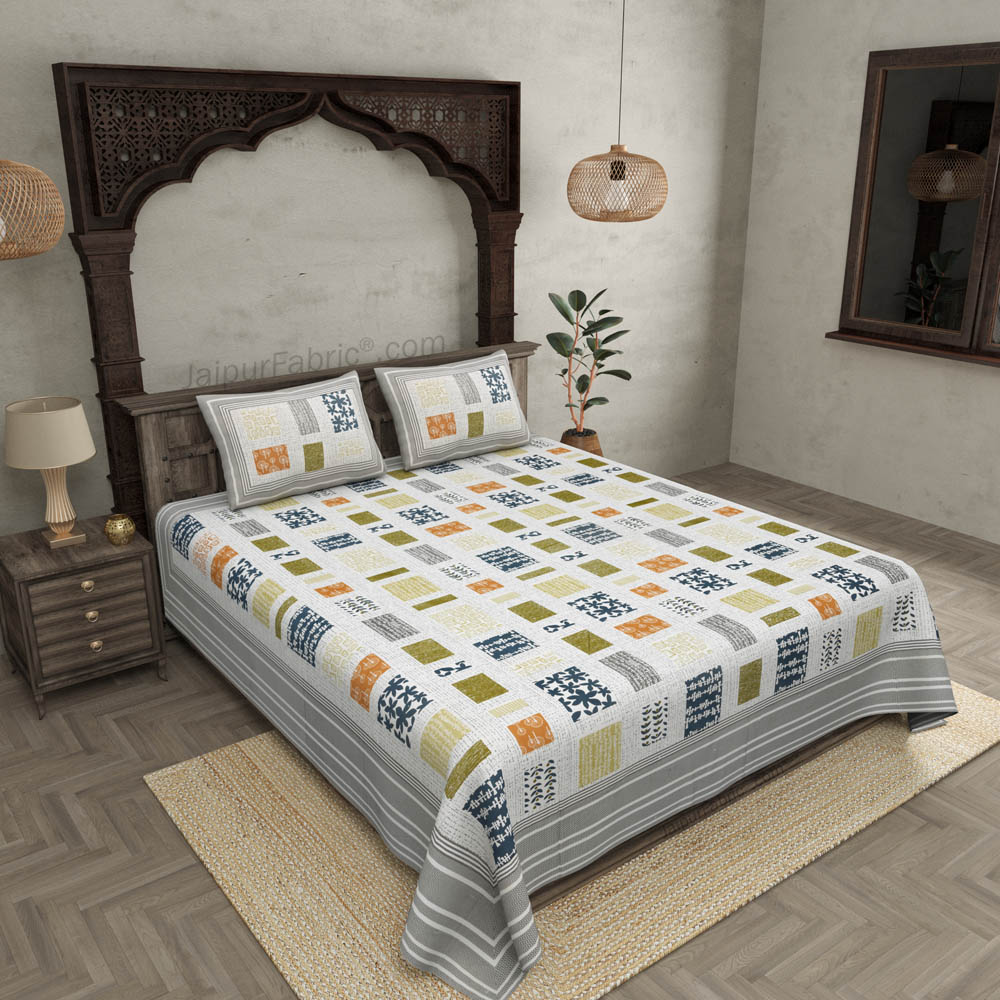 Abstract Art Gray Patchwork Print Luxury Cotton King Size Bedsheet