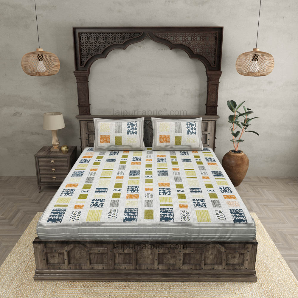 Abstract Art Gray Patchwork Print Luxury Cotton King Size Bedsheet