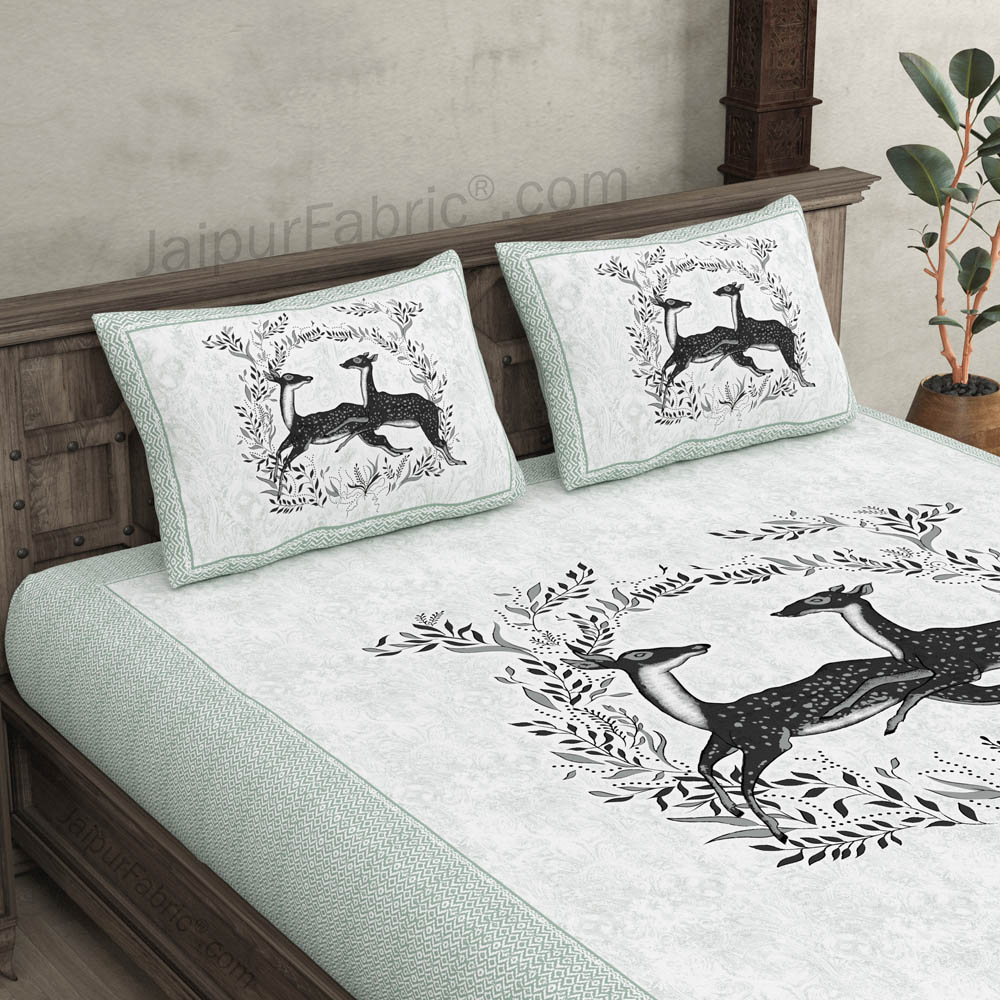 Green Jungle Deer Pair Cotton King Size Bedsheet