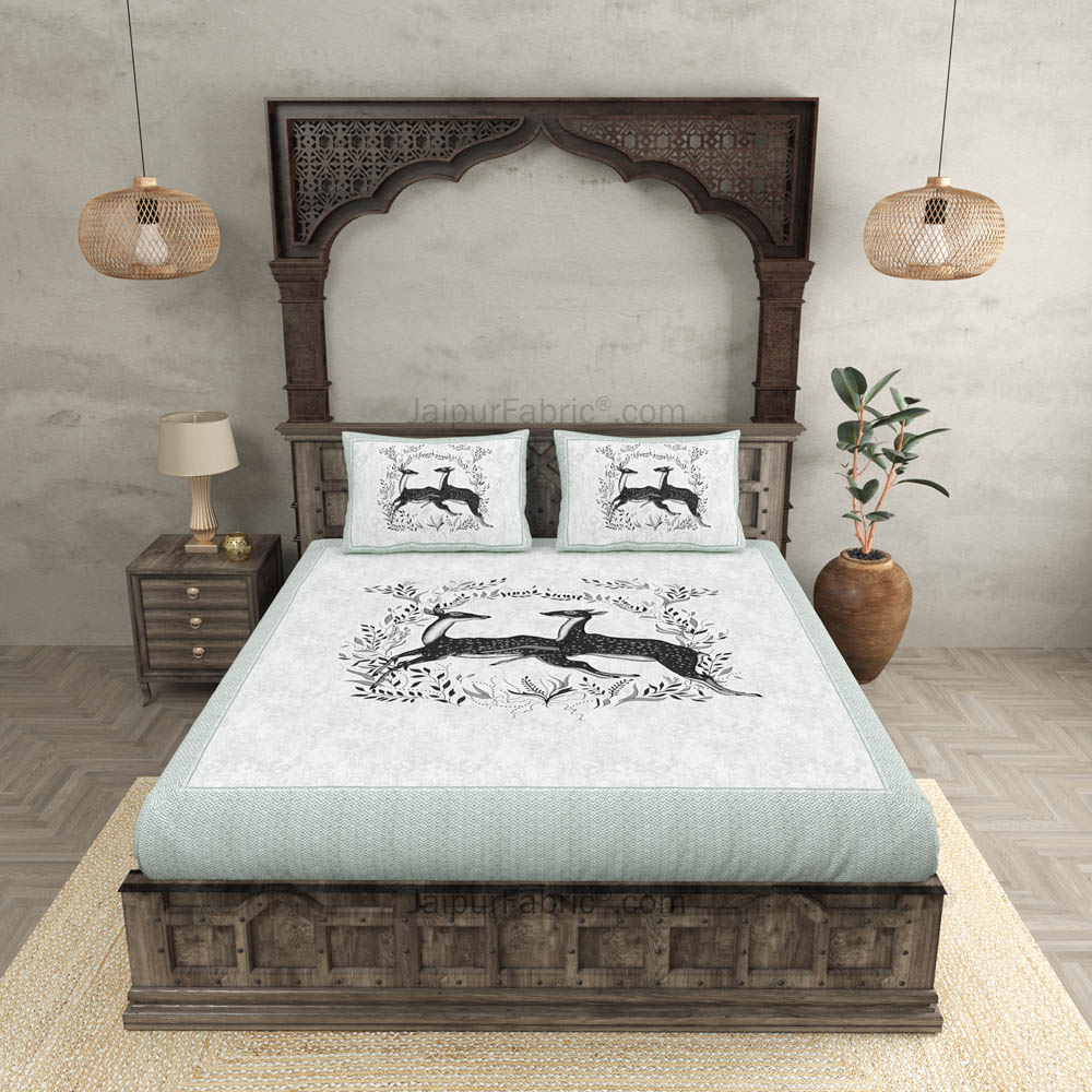 Green Jungle Deer Pair Cotton King Size Bedsheet