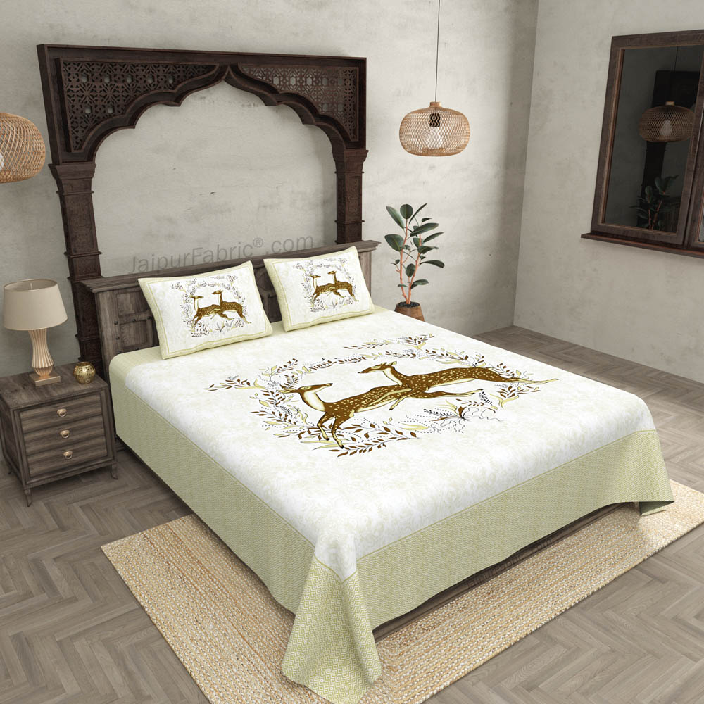 Lime Jungle Deer Pair Cotton King Size Bedsheet