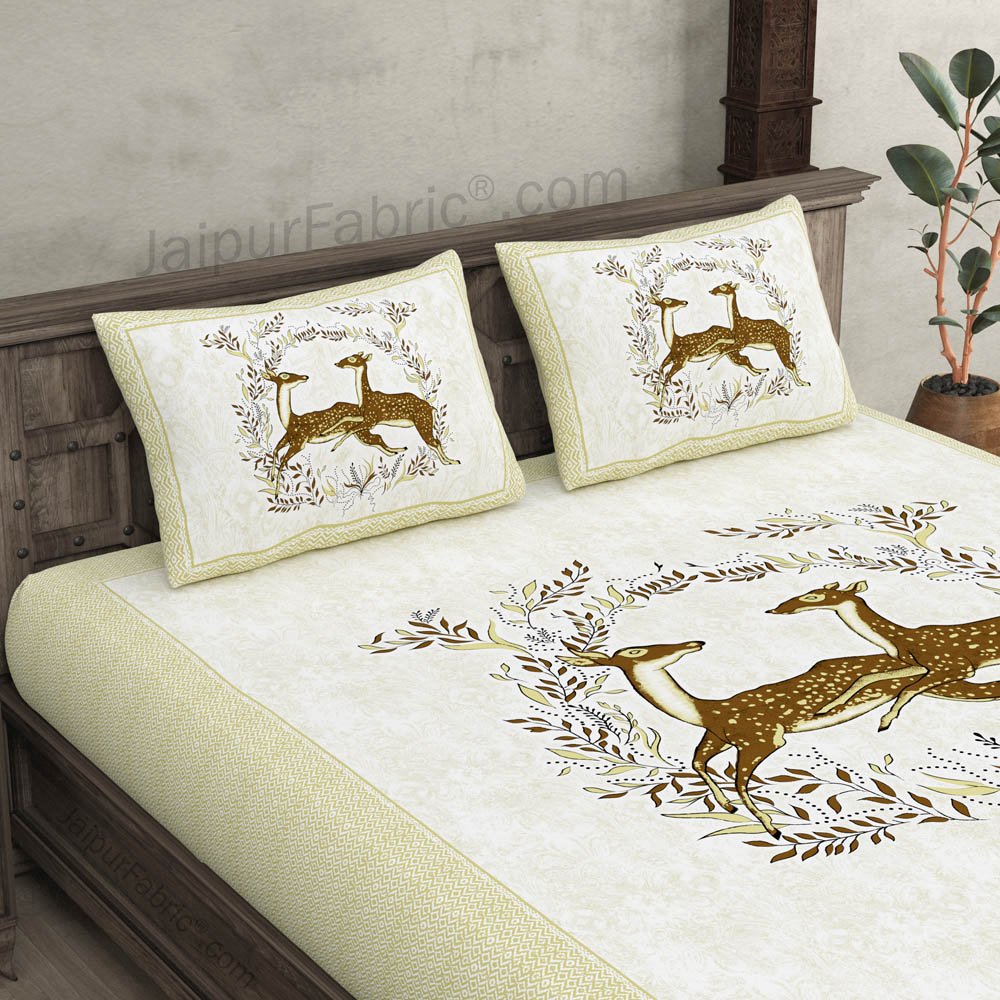 Lime Jungle Deer Pair Cotton King Size Bedsheet