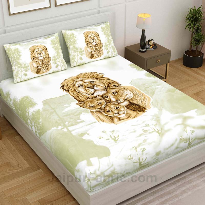 Pastel Green Lion Family King Size Bedsheet