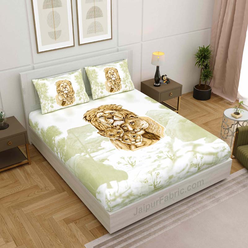 Pastel Green Lion Family King Size Bedsheet