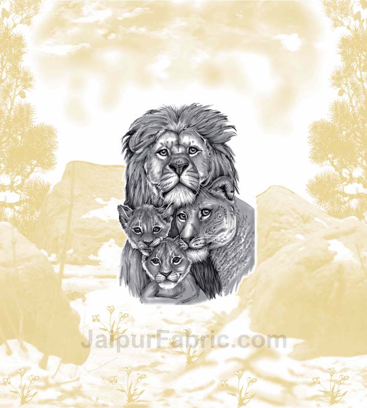 Pastel Yellow Lion Family King Size Bedsheet