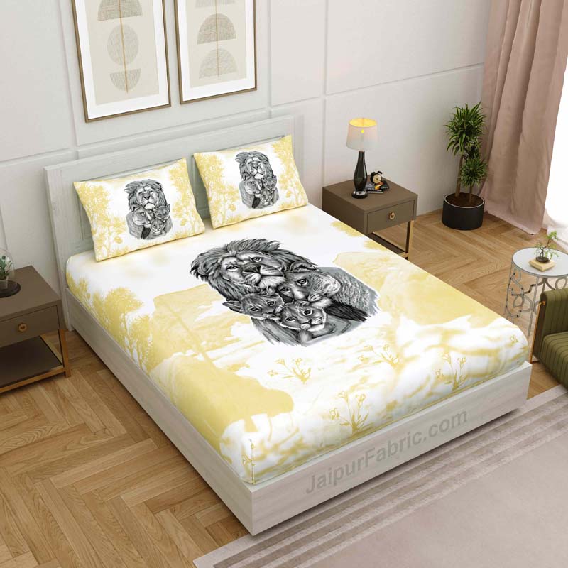 Pastel Yellow Lion Family King Size Bedsheet