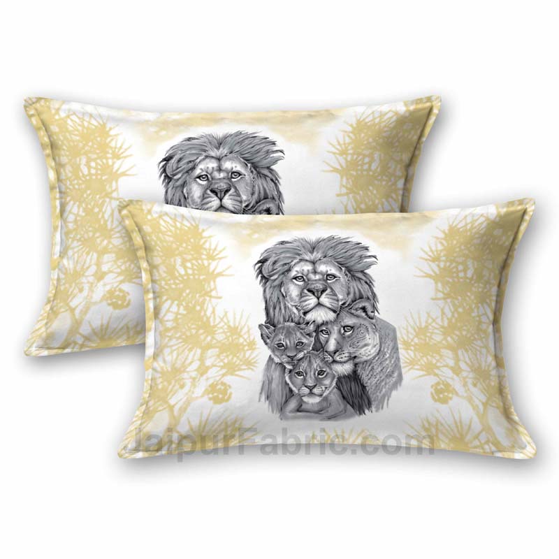 Pastel Yellow Lion Family King Size Bedsheet